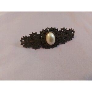 Antique Style Vintage Barrette with Faux Pearl & Intricate Metal Design